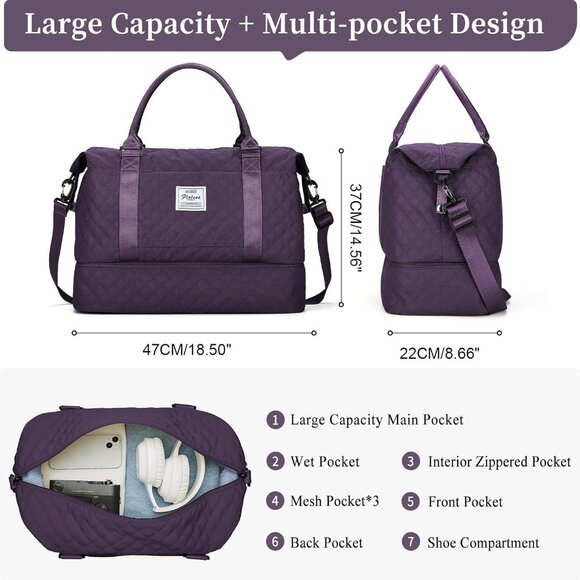 Weekender Bags for Women, Carry on Overnight Weekend Travel Duffel Bag with Shoe - Picture 3 of 9